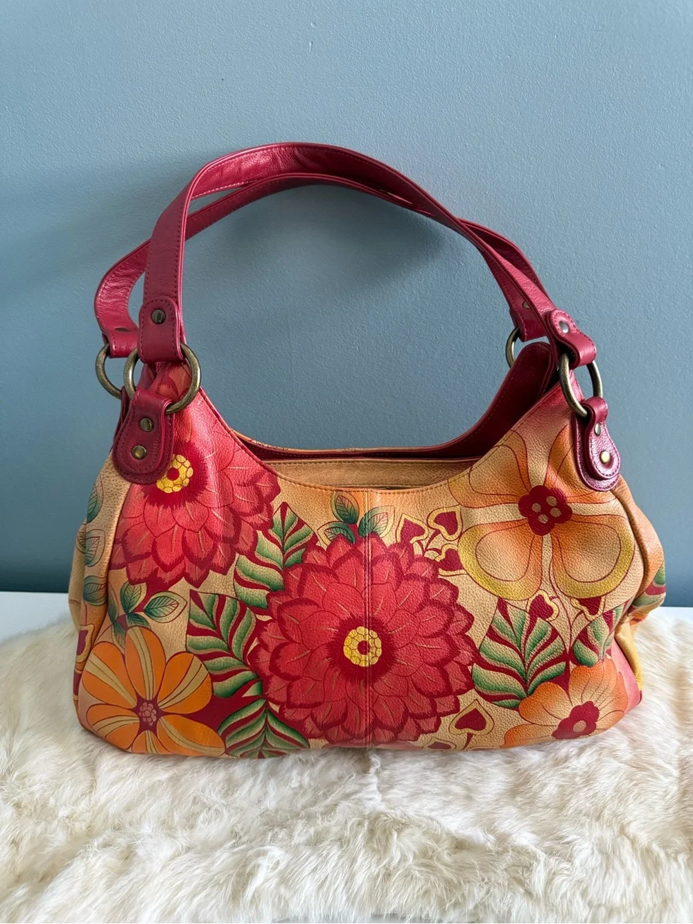 Anna by Anuschka Genuine Leather Hand Painted Large Ruched Summer Bloom Hobo